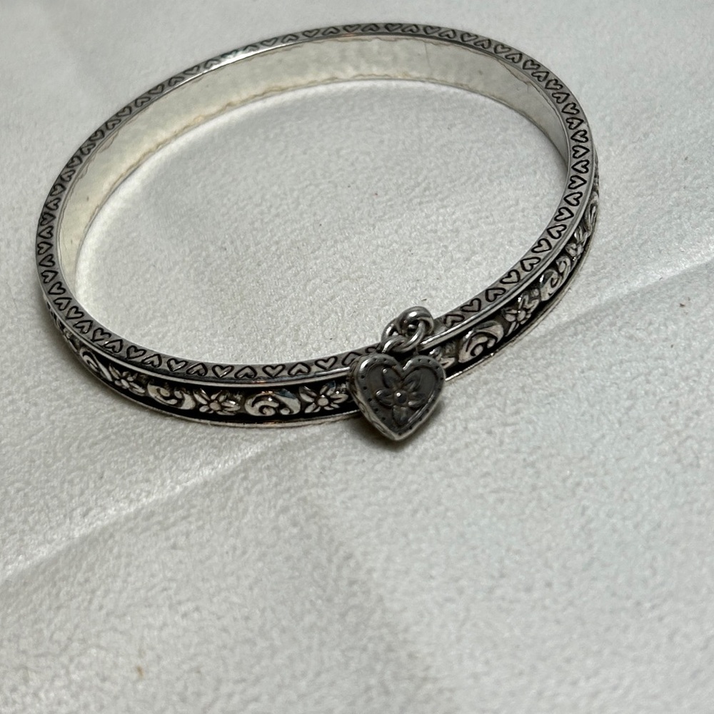 Brighton Etched Floral Bangle Bracelet with Small Heart Charm Silver Plated - Picture 13 of 13